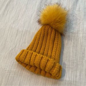 F21 Mustard Yellow Faux Fur Pom Pom Beanie